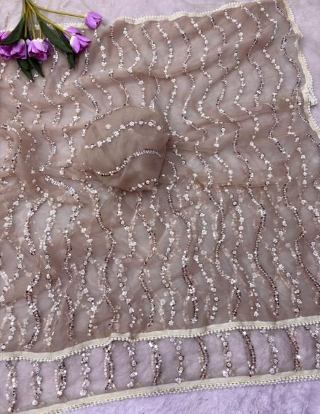 Unique Golden Butterfly Net Saree with Sequin Brits Work and Pearl Border for Wedding Bollywood Fancy Sarees Wholesale