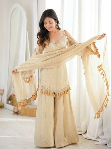 Unique Golden Crush V Neck Kurta Suit Set With Fancy Sleeves Using Dori And Lace Border For Party Wear  Ready To Wear Collection