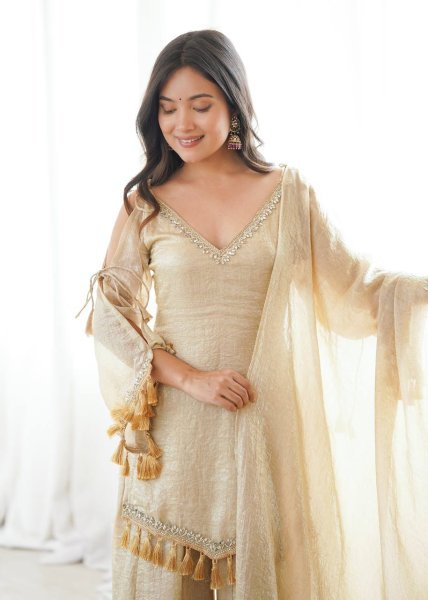 Unique Golden Crush V Neck Kurta Suit Set With Fancy Sleeves Using Dori And Lace Border For Party Wear  Ready To Wear Collection