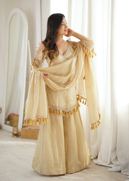 Unique Golden Crush V Neck Kurta Suit Set With Fancy Sleeves Using Dori And Lace Border For Party Wear  Ready To Wear Collection