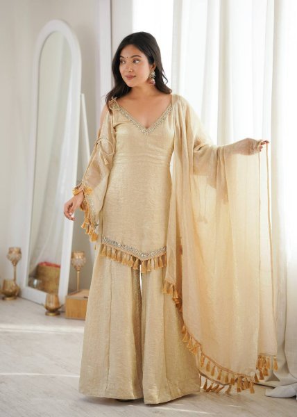 Unique Golden Crush V Neck Kurta Suit Set With Fancy Sleeves Using Dori And Lace Border For Party Wear  Ready To Wear Collection
