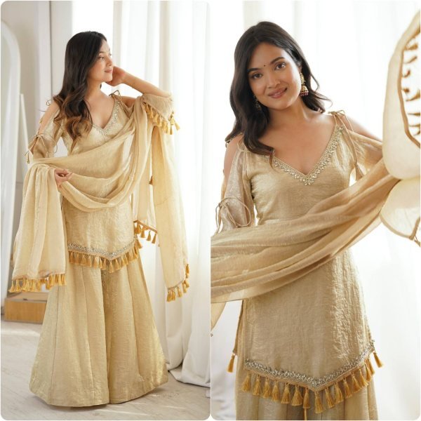 Unique Golden Crush V Neck Kurta Suit Set With Fancy Sleeves Using Dori And Lace Border For Party Wear  Ready To Wear Collection