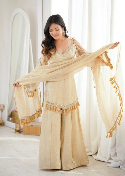 Unique Golden Crush V Neck Kurta Suit Set With Fancy Sleeves Using Dori And Lace Border For Party Wear  Ready To Wear Collection