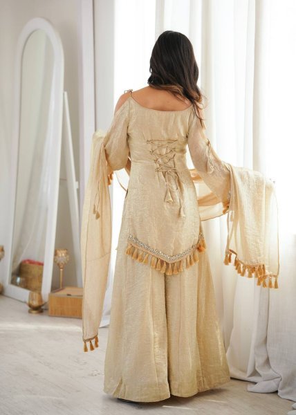 Unique Golden Crush V Neck Kurta Suit Set With Fancy Sleeves Using Dori And Lace Border For Party Wear  Ready To Wear Collection
