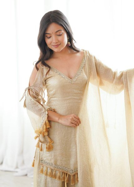 Unique Golden Crush V Neck Kurta Suit Set With Fancy Sleeves Using Dori And Lace Border For Party Wear  Ready To Wear Collection