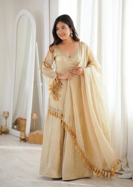 Unique Golden Crush V Neck Kurta Suit Set With Fancy Sleeves Using Dori And Lace Border For Party Wear  Ready To Wear Collection