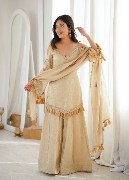 Unique Golden Crush V Neck Kurta Suit Set With Fancy Sleeves Using Dori And Lace Border For Party Wear  Ready To Wear Collection