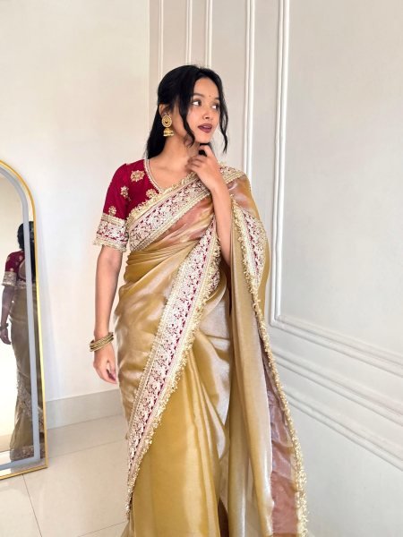 Unique Golden Mocha Silk Saree with Fancy Lace Border and Zari Dori Blouse Silk Sarees Wholesale