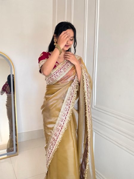 Unique Golden Mocha Silk Saree with Fancy Lace Border and Zari Dori Blouse Silk Sarees Wholesale