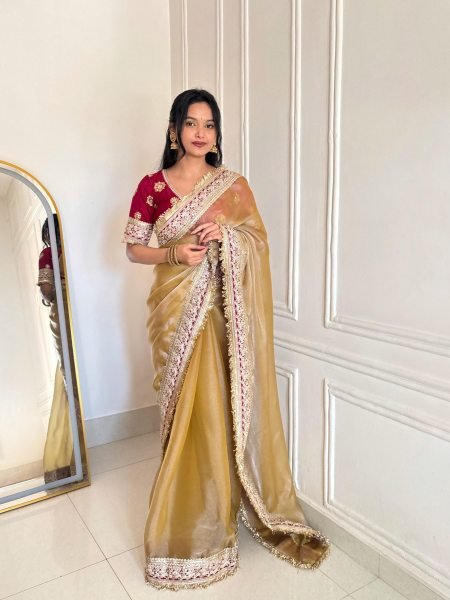 Unique Golden Mocha Silk Saree with Fancy Lace Border and Zari Dori Blouse Silk Sarees Wholesale