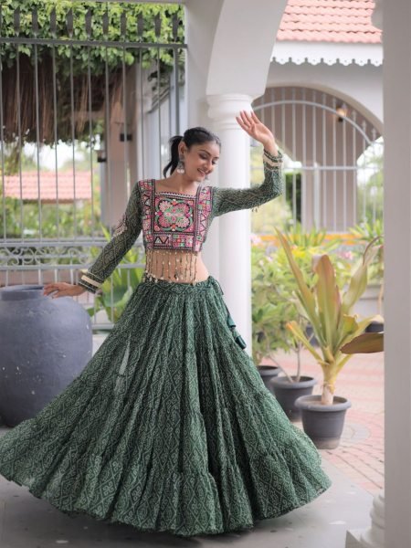 Unique Green Bandhani Print Faux Georgette Lehenga Choli with Kutchi Patchwork  Lehenga