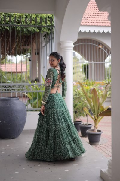 Unique Green Bandhani Print Faux Georgette Lehenga Choli with Kutchi Patchwork Navratri Lehnega Choli