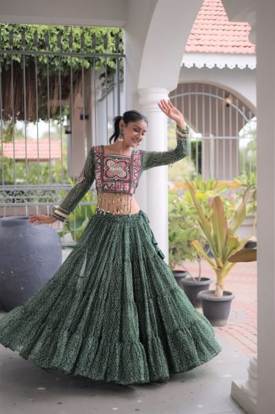 Unique Green Bandhani Print Faux Georgette Lehenga Choli with Kutchi Patchwork Navratri Lehnega Choli