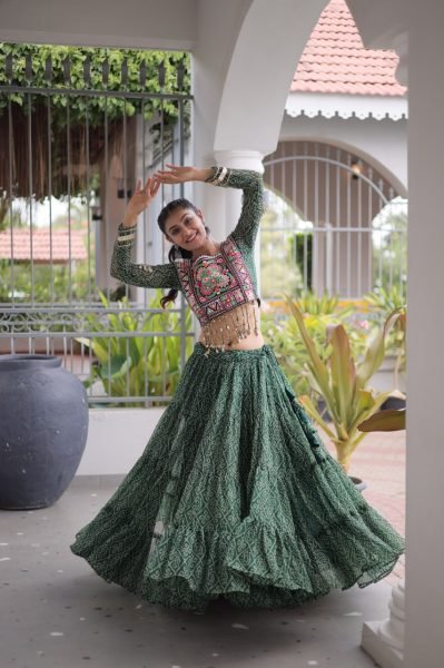 Unique Green Bandhani Print Faux Georgette Lehenga Choli with Kutchi Patchwork Navratri Lehnega Choli