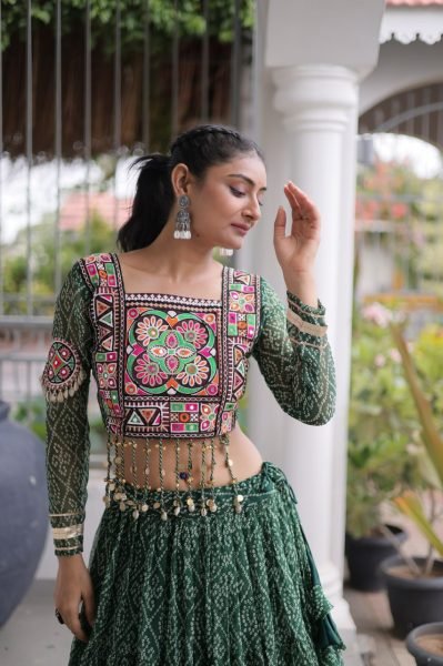 Unique Green Bandhani Print Faux Georgette Lehenga Choli with Kutchi Patchwork Navratri Lehnega Choli