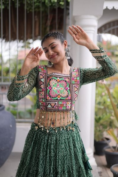 Unique Green Bandhani Print Faux Georgette Lehenga Choli with Kutchi Patchwork Navratri Lehnega Choli