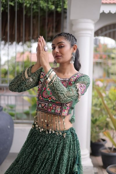 Unique Green Bandhani Print Faux Georgette Lehenga Choli with Kutchi Patchwork Navratri Lehnega Choli