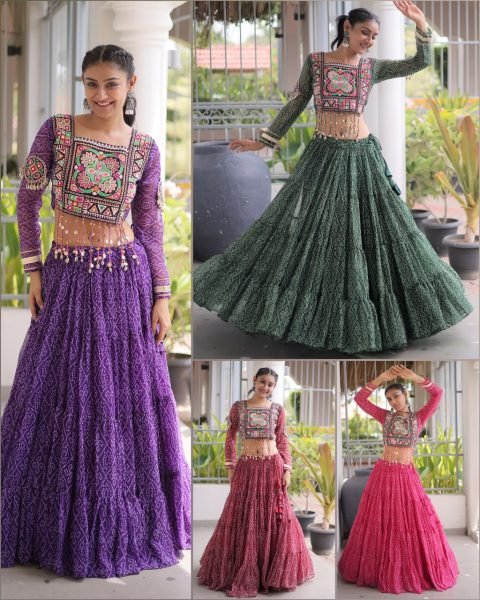 Unique Green Bandhani Print Faux Georgette Lehenga Choli with Kutchi Patchwork Navratri Lehnega Choli