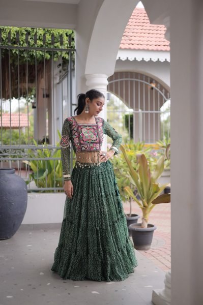 Unique Green Bandhani Print Faux Georgette Lehenga Choli with Kutchi Patchwork Navratri Lehnega Choli