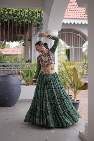 Unique Green Bandhani Print Faux Georgette Lehenga Choli with Kutchi Patchwork Navratri Lehnega Choli