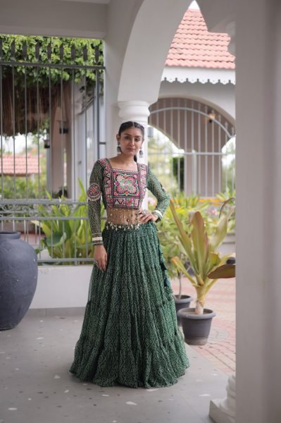 Unique Green Bandhani Print Faux Georgette Lehenga Choli with Kutchi Patchwork Navratri Lehnega Choli