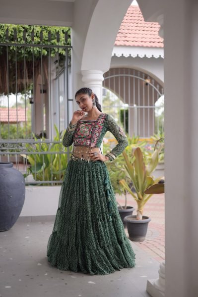 Unique Green Bandhani Print Faux Georgette Lehenga Choli with Kutchi Patchwork Navratri Lehnega Choli