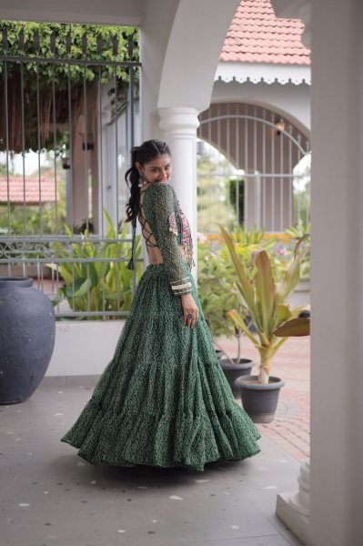 Unique Green Bandhani Print Faux Georgette Lehenga Choli with Kutchi Patchwork Navratri Lehnega Choli