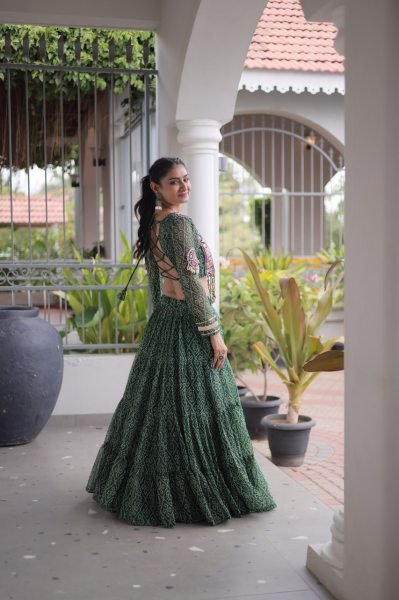 Unique Green Bandhani Print Faux Georgette Lehenga Choli with Kutchi Patchwork Navratri Lehnega Choli