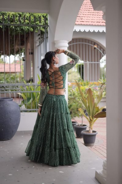 Unique Green Bandhani Print Faux Georgette Lehenga Choli with Kutchi Patchwork Navratri Lehnega Choli