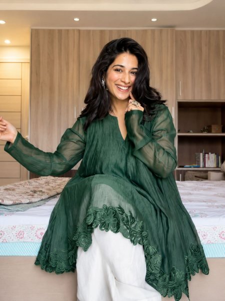 Unique Green Heavy Mal Chanderi Suit Set with Fancy Cut Embroidery and Palazzo Pants Kurtis
