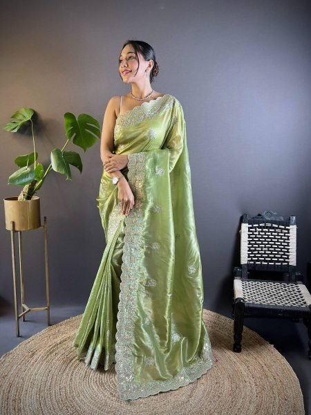 Unique Green Party Wear Gold Crunchy Saree with Multi Thread Embroidery For Bulk Order Sarees 