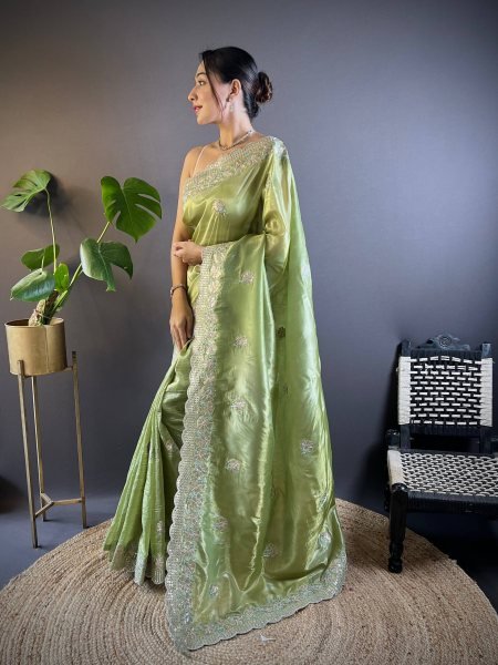 Unique Green Party Wear Gold Crunchy Saree with Multi Thread Embroidery For Bulk Order Embroidery Sarees Wholesale