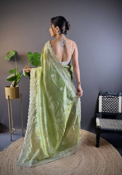 Unique Green Party Wear Gold Crunchy Saree with Multi Thread Embroidery For Bulk Order Embroidery Sarees Wholesale