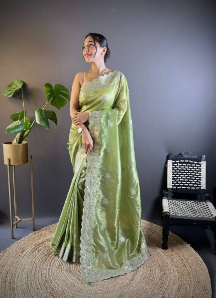 Unique Green Party Wear Gold Crunchy Saree with Multi Thread Embroidery For Bulk Order Embroidery Sarees Wholesale