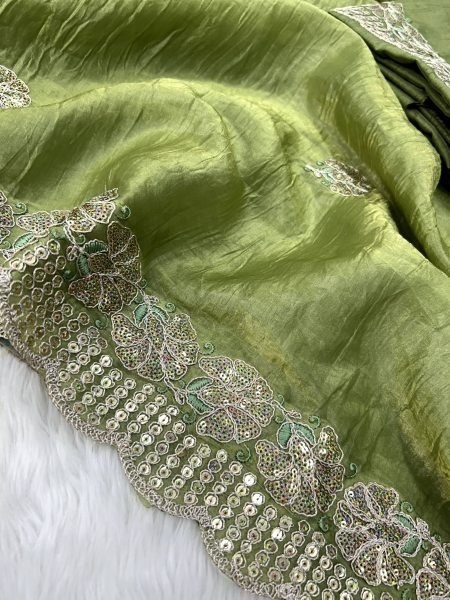 Unique Green Party Wear Gold Crunchy Saree with Multi Thread Embroidery For Bulk Order Embroidery Sarees Wholesale