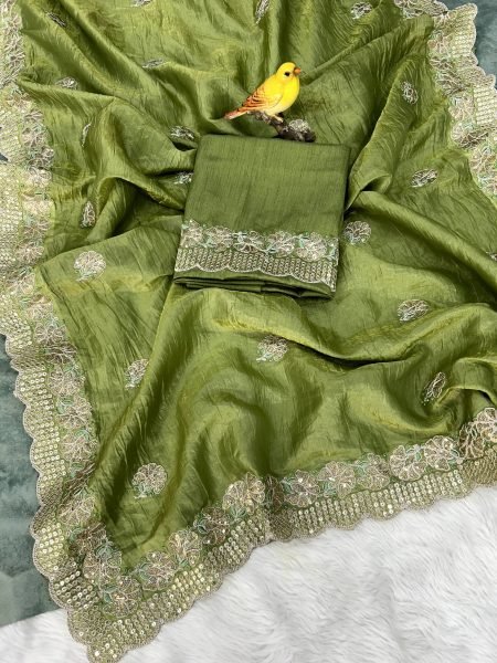 Unique Green Party Wear Gold Crunchy Saree with Multi Thread Embroidery For Bulk Order Embroidery Sarees Wholesale