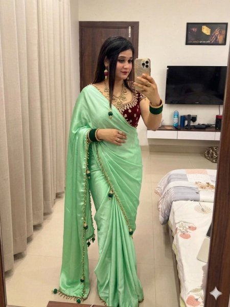 Unique Green Stylish Party Wear Saree with Moti Work Border Sarees 