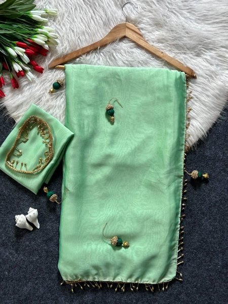 Unique Green Stylish Party Wear Saree with Moti Work Border Silk Sarees Wholesale