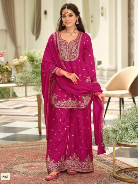 Unique Hot Pink Designer Heavy Chinon Apple Cut Top Plazo Dupatta Set at Wholeslae Rate Salwar Kameez