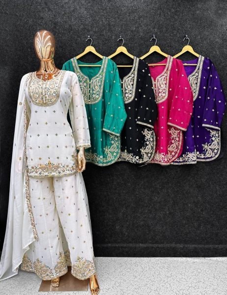 Unique Hot Pink Designer Heavy Chinon Apple Cut Top Plazo Dupatta Set at Wholeslae Rate Designer Plazzo Salwar Suits Wholesale