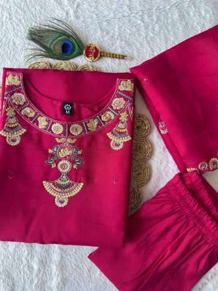 Unique Hot Pink Mul Chanderi Kurti Set with Embroidered Dupatta at Manufacturer  Embroidery Kurtis 