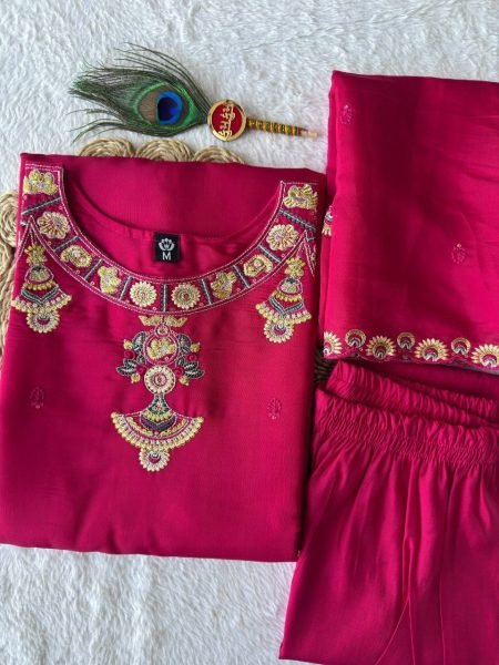 Unique Hot Pink Mul Chanderi Kurti Set with Embroidered Dupatta at Manufacturer  Embroidery Kurtis 