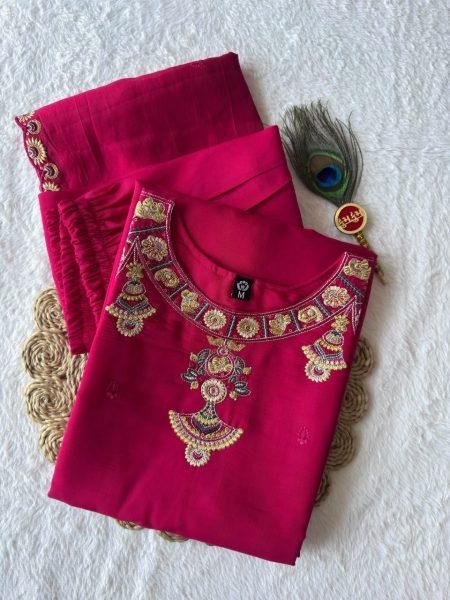 Unique Hot Pink Mul Chanderi Kurti Set with Embroidered Dupatta at Manufacturer  Embroidery Kurtis 