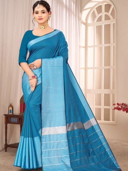 Unique Light Blue Checkered Daily Wear Cotton Linen Saree  Cotton Sarees Wholesale