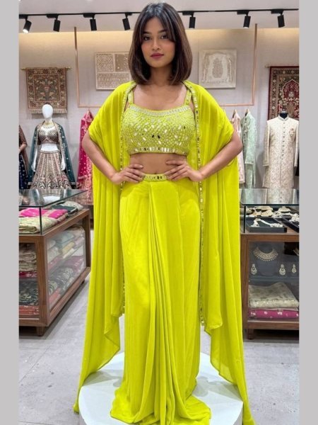Unique Lime Yellow French Crepe Skirt Set with Embroidered Blouse and Long Shrug Ready To Wear Suit