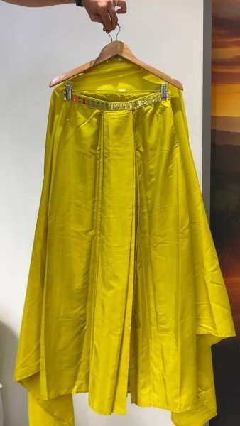 Unique Lime Yellow French Crepe Skirt Set with Embroidered Blouse and Long Shrug Ready To Wear Collection