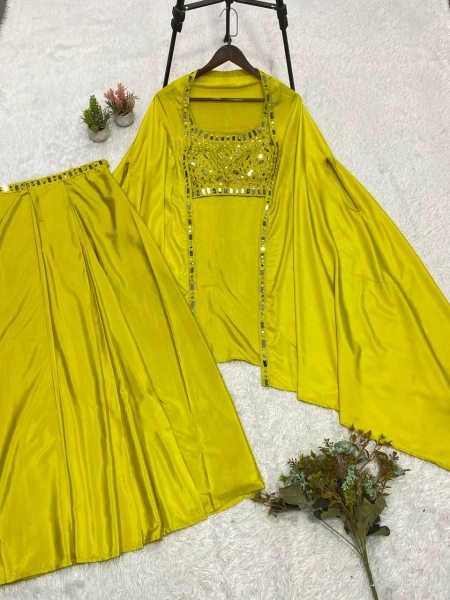 Unique Lime Yellow French Crepe Skirt Set with Embroidered Blouse and Long Shrug Ready To Wear Collection