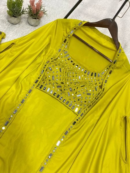 Unique Lime Yellow French Crepe Skirt Set with Embroidered Blouse and Long Shrug Ready To Wear Collection