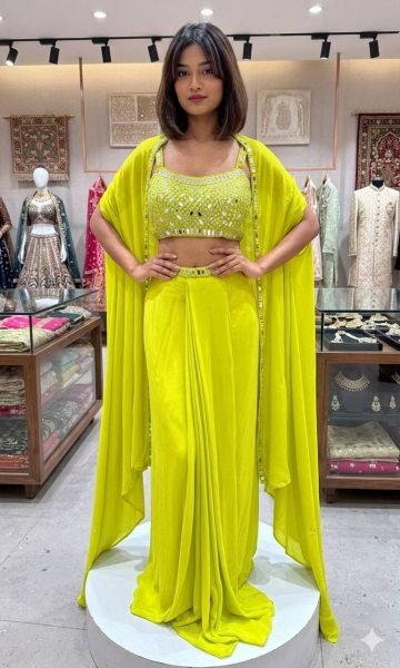 Unique Lime Yellow French Crepe Skirt Set with Embroidered Blouse and Long Shrug Ready To Wear Collection