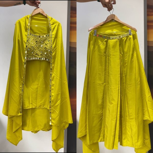 Unique Lime Yellow French Crepe Skirt Set with Embroidered Blouse and Long Shrug Ready To Wear Collection
